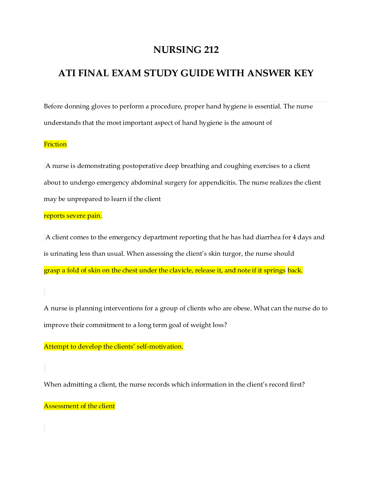 Preview of ATI NURSING 212 FINAL STUDY GUIDE EXAM ELABORATIONS QUESTIONS AND ANSWERS